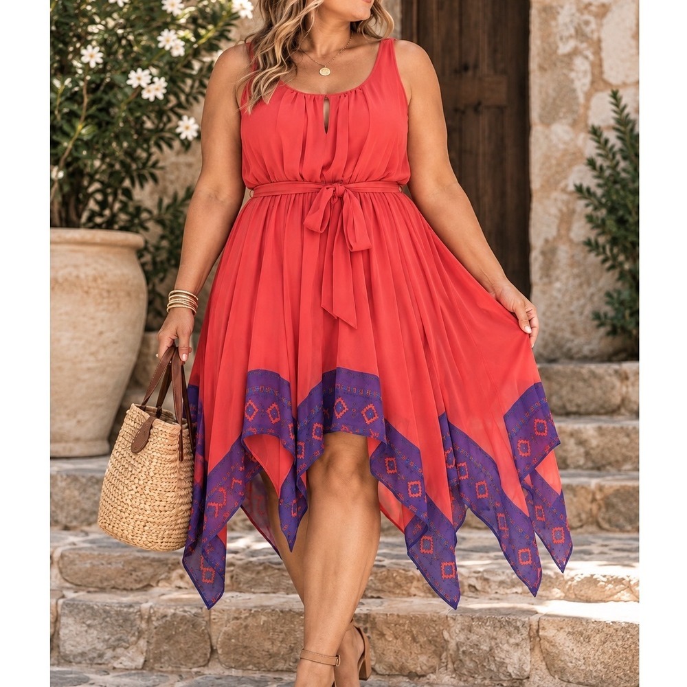 Mark Handkerchief Hem Dress Women XXL Coral Purple Sleeveless Chiffon Boho